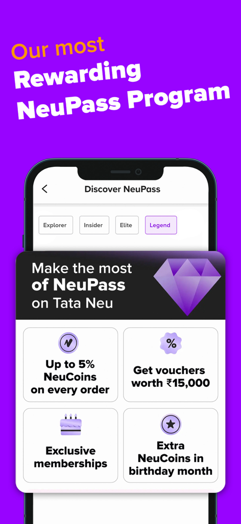 Tata Neu:Shop, Travel, Finance - Tata Neuアプリのインターフェース。NeuCoinsおよびブランドバウチャーを含むNeuPassロイヤルティプログラムのリワードが表示されます。