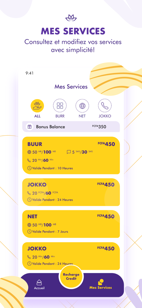 Interfaz de la aplicación My Expresso que muestra los planes y saldos de servicios móviles en francés