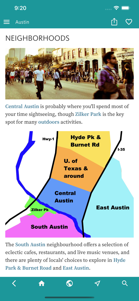 オースティン旅行ガイドアプリの都市地区とカラフルな地図が表示されている。