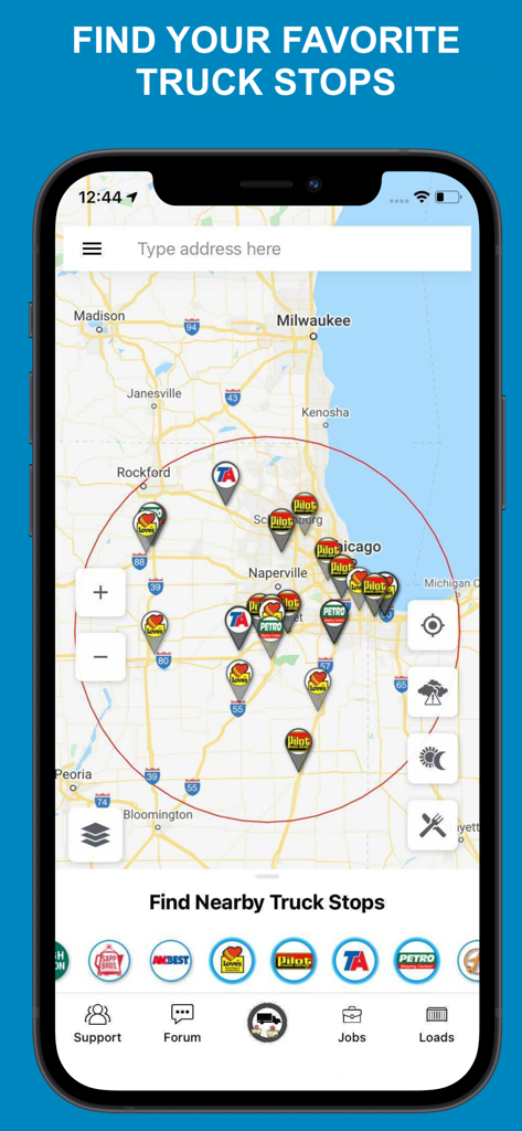 Map view of Road Hunter app showing nearby truck stops including TA Pilot and Loves brands