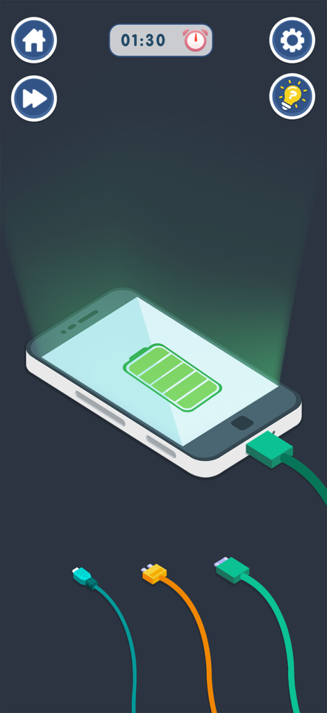 Mini Organizing Challenge Game - 배터리 아이콘이 가득 찬 스마트폰에 녹색 충전 케이블을 연결하는 만족스러운 모바일 게임 레벨.