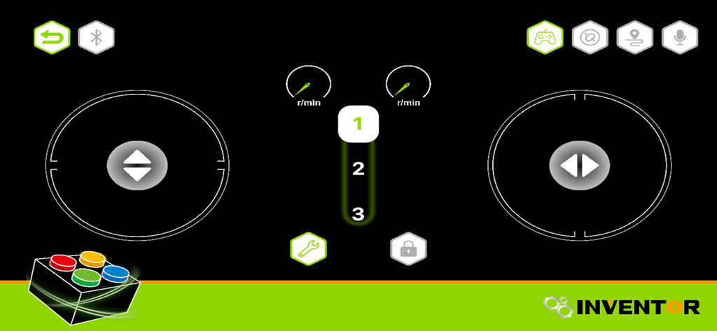 Remote control interface for the XP Block app featuring digital joysticks and speed gear selection for a robotics kit