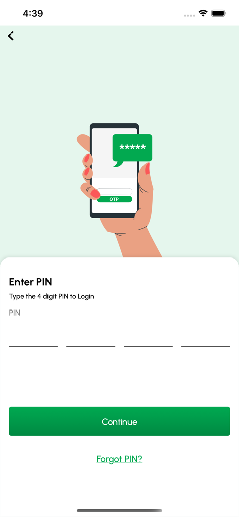 A secure login screen for the myFortis healthcare app requiring a 4-digit PIN entry.