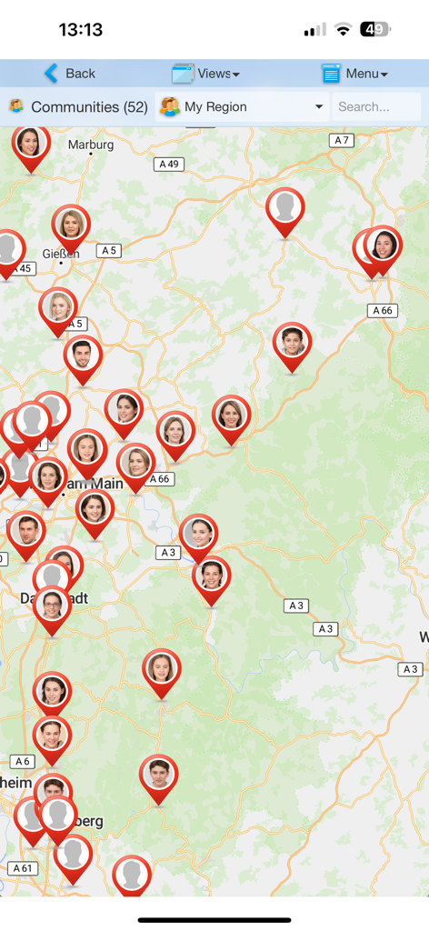 BGF InfoCenter - A map interface in the BGF InfoCenter app displaying locations of community members with profile pins