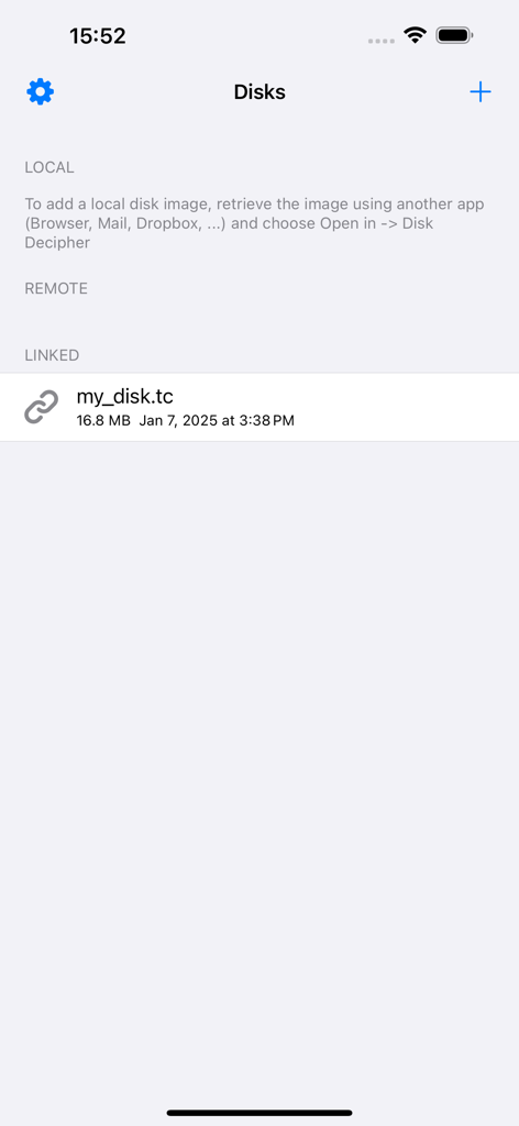 Interface of the Disk Decipher app showing a list of encrypted disk images including a linked TrueCrypt file.