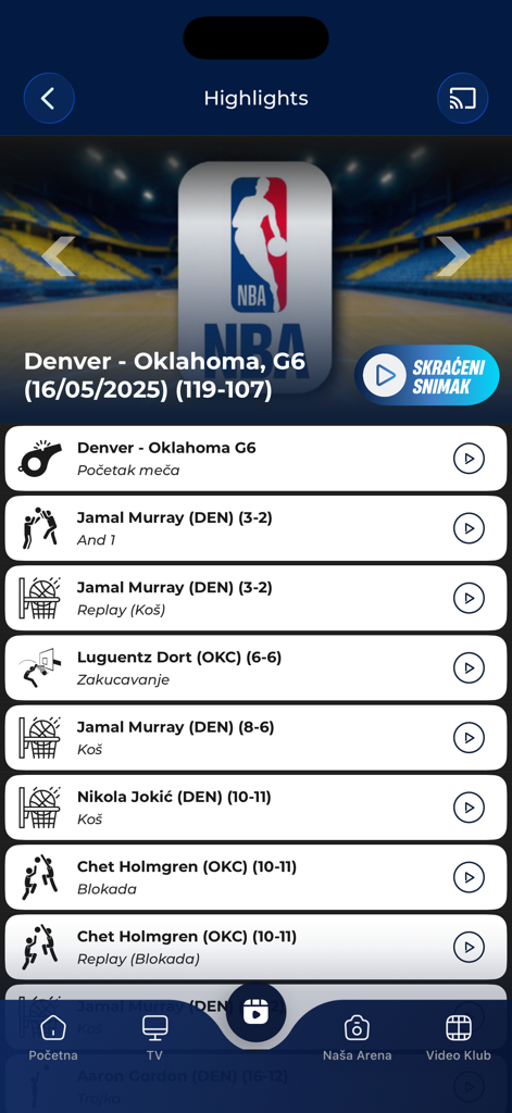 Arena Cloud mobile App-Bildschirm, der NBA-Spiel-Highlights für Denver gegen Oklahoma einschließlich Nikola Jokic Statistiken anzeigt