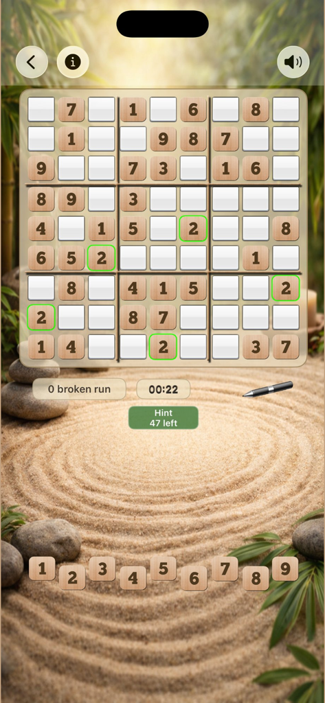 Sudoku Zen - Number Puzzle - Cuadrícula de rompecabezas de Sudoku con números de madera sobre un relajante fondo de arena zen
