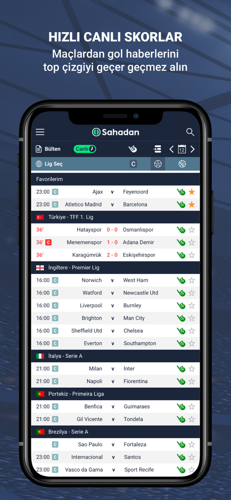 Sahadan mobile app interface displaying live football match scores and schedules in Turkish