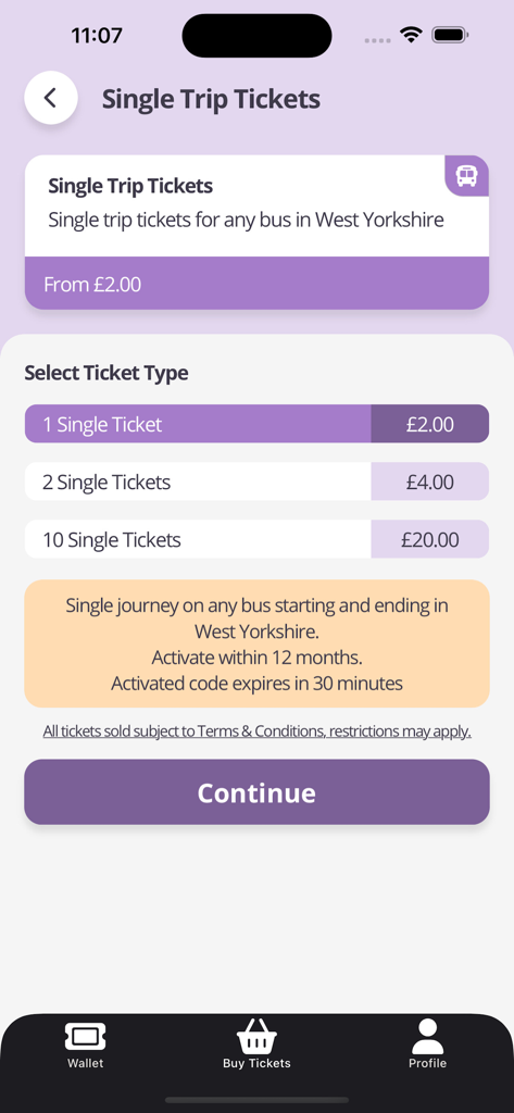MCard Mobile - Selection screen for single trip bus tickets on the MCard Mobile app interface