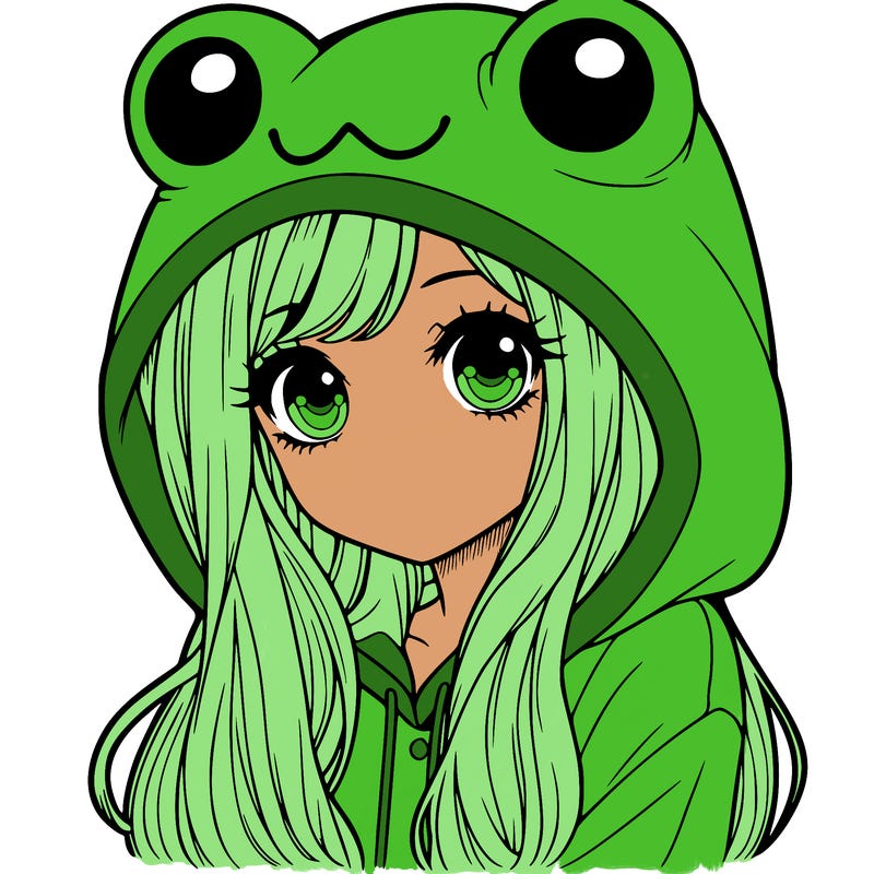 a pretty girl wearing a frog hoodie portrait with long hair
