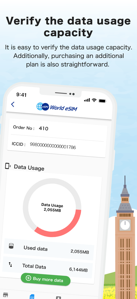 Oberfläche der World-eSIM App, die die Nutzung internationaler Daten mit einem kreisförmigen Fortschrittsbalken und einer Schaltfläche zum Kaufen weiterer Daten anzeigt