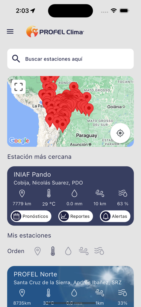 Profel Clima 3.0 - Profel Clima 3.0 app interface displaying a map with weather station pins and meteorological data for Bolivia