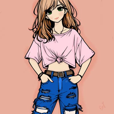 a girl with ripped jeans a t-shirt realistic