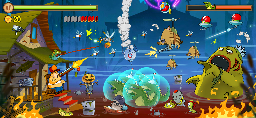 Swamp Attack - Gameplay screenshot of Swamp Attack featuring a man defending his home from various swamp monsters