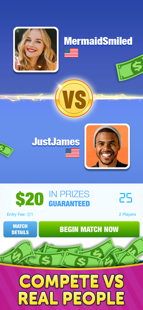 Tile Match 3 - Win Real Cash - A head-to-head match screen between two players competing for a 20 dollar prize in Tile Match 3.