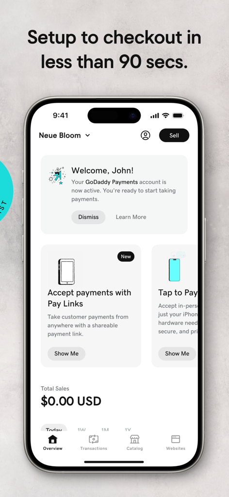 Dashboard dell'app GoDaddy Commerce su iPhone che mostra la configurazione rapida e le funzionalità di pagamento