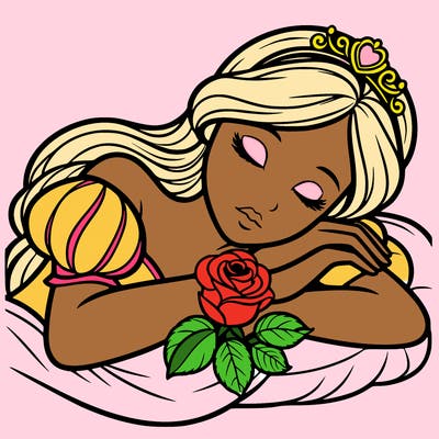 a fairytale princess sleeping with her hands crossed on her chest and a rose on her chest realistic