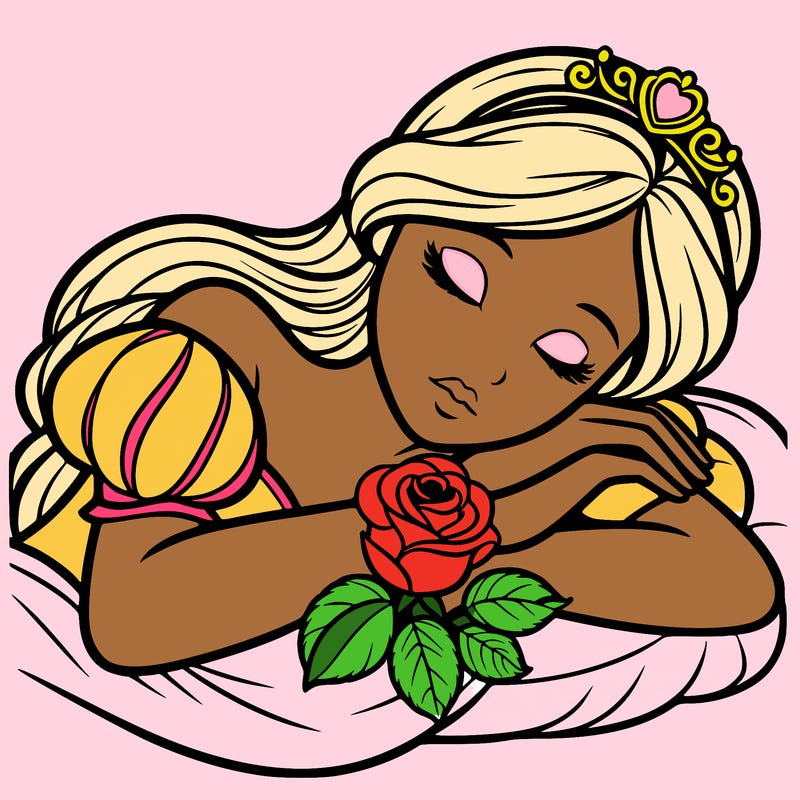 a fairytale princess sleeping with her hands crossed on her chest and a rose on her chest realistic