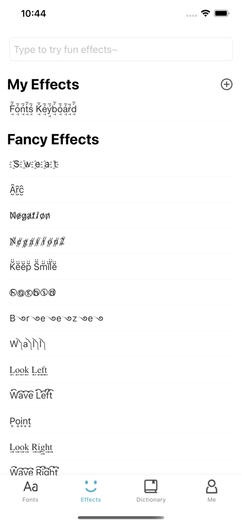 Fonts Keyboard - A list of decorative and fancy text effects in the Fonts Keyboard mobile app interface.