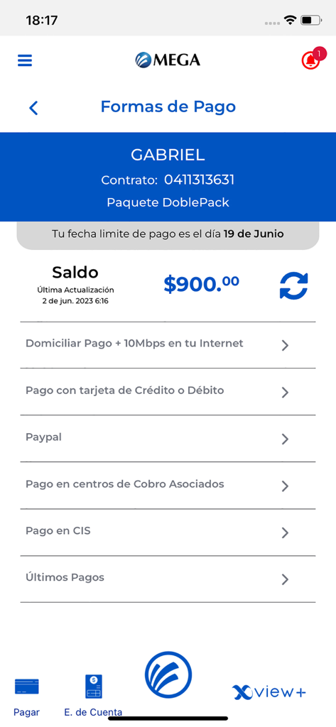 Interfaz de la aplicación Megacable que muestra el saldo de la cuenta y varios métodos de pago