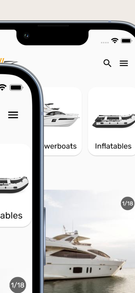Yachtall.com - Mobile interface of the Yachtall app showing boat categories like powerboats and inflatables with a luxury yacht photo