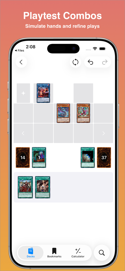 Una interfaz móvil de la aplicación YGODeck mostrando la función de prueba de combos y simulación de mano.