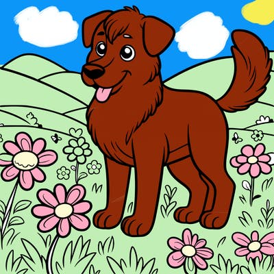 a dog in a flower field