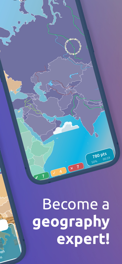 GeoExpert - Learn Geography - Pantalla de smartphone mostrando un cuestionario de mapa mundial en la aplicación GeoExpert con puntuación y temporizador