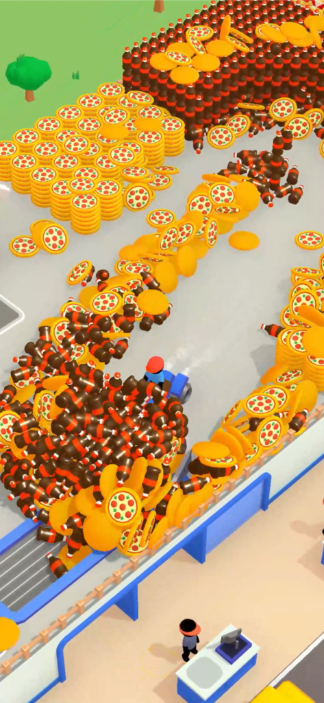 Un personaje en el juego Pizza Ready conduciendo un vehículo sobrecargado con cajas de pizza y botellas de refresco hacia un mostrador de servicio