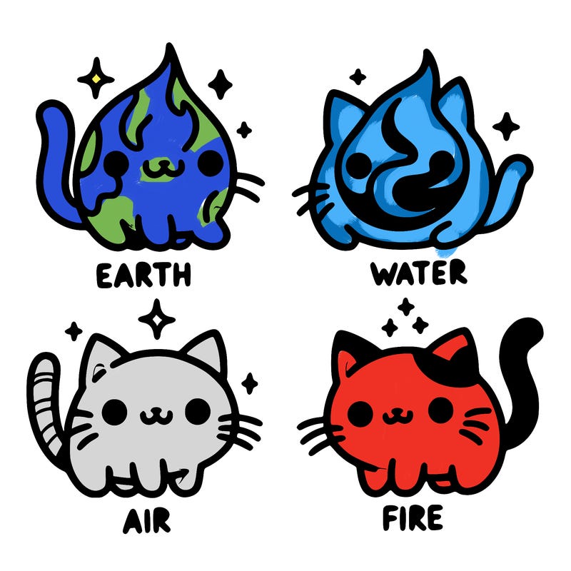 4 cats that represent the different elements, earth, water, air, and fire