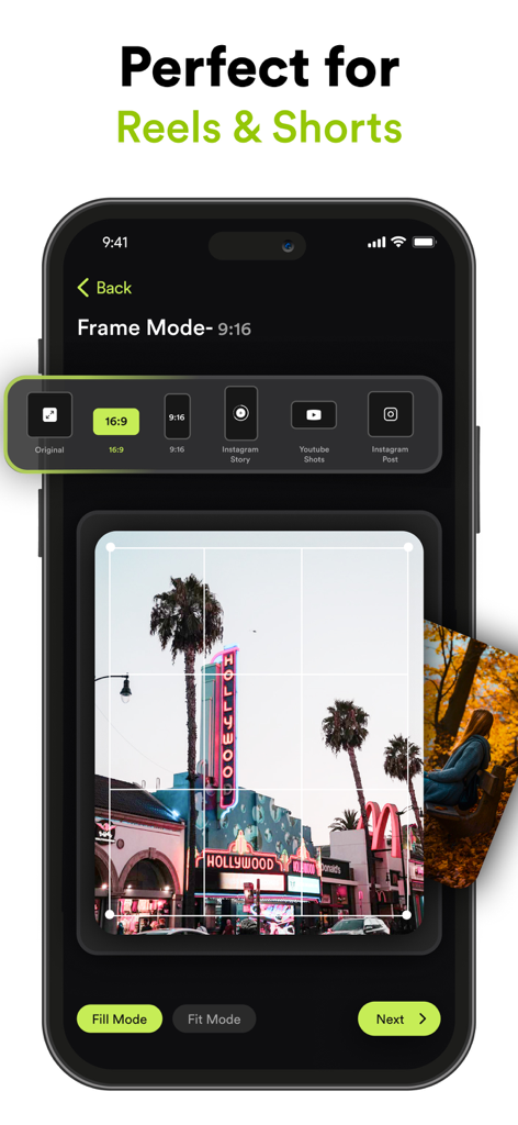 VILO app screen showing frame mode options for Instagram Reels and YouTube Shorts with various aspect ratio presets