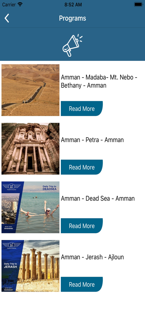 JETT جت - A list of travel programs in Jordan available on the JETT app including tours to Petra and the Dead Sea.