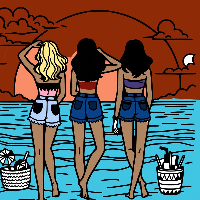 girls at the beach on a sunset