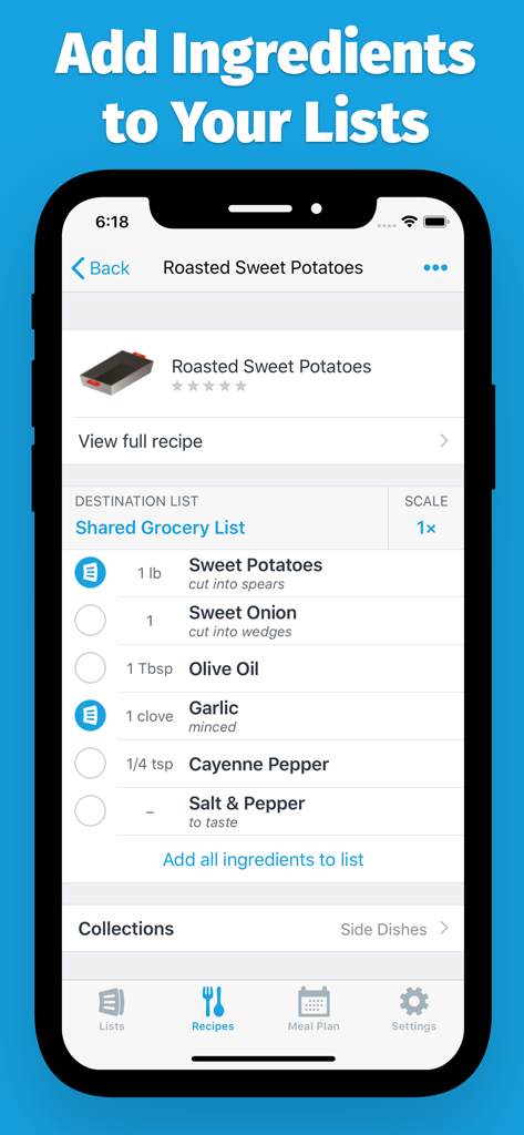 AnyList App-Oberfläche, die Zutaten für ein Rezept zeigt, die zu einer gemeinsam genutzten Einkaufsliste hinzugefügt werden.