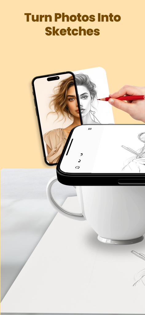Una persona trazando un retrato desde la pantalla de un iPhone sobre papel usando una aplicación de dibujo AR