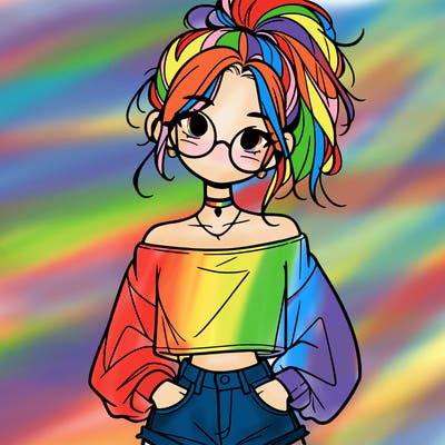 girl with a messy ponytail glasses a baggy crop top and jean shorts