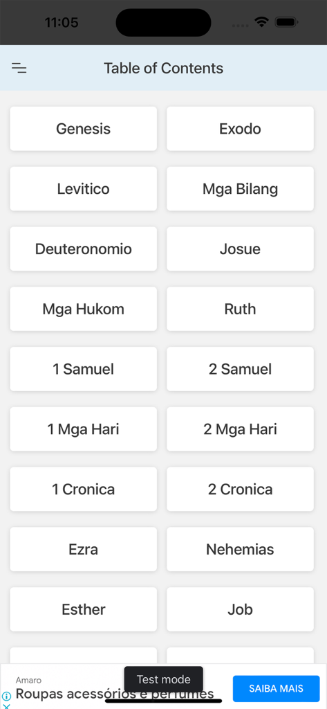Ang Biblia - Tagalog Bible - Table of contents of the Ang Biblia app showing Bible books in Tagalog like Genesis and Exodo