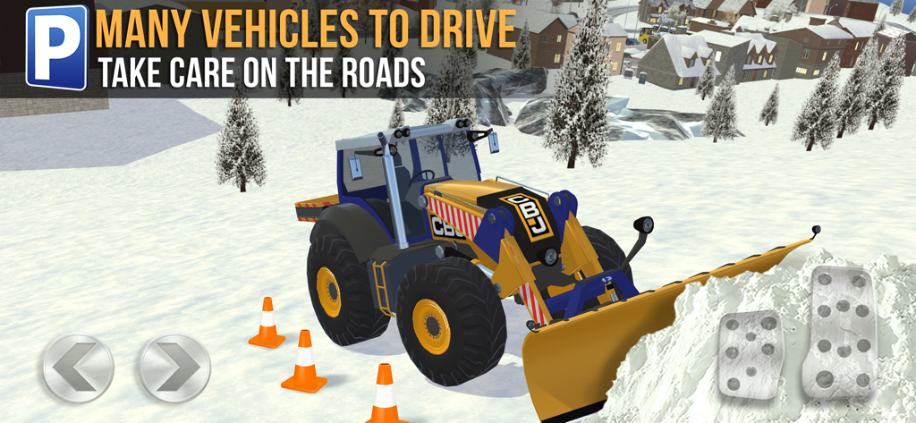 Ski Resort Parking Sim - A blue and yellow snow plow tractor driving through a snowy ski resort village with orange cones
