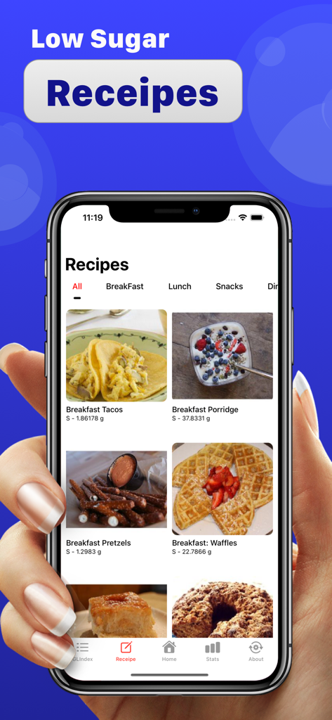 Diabetic carb counter - Mobile screen showing low sugar breakfast recipes including tacos porridge pretzels and waffles