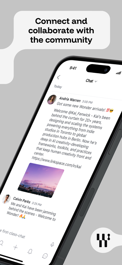 Wonder Studios - Smartphone showing the chat interface of Wonder Studios app for AI professionals to connect and collaborate