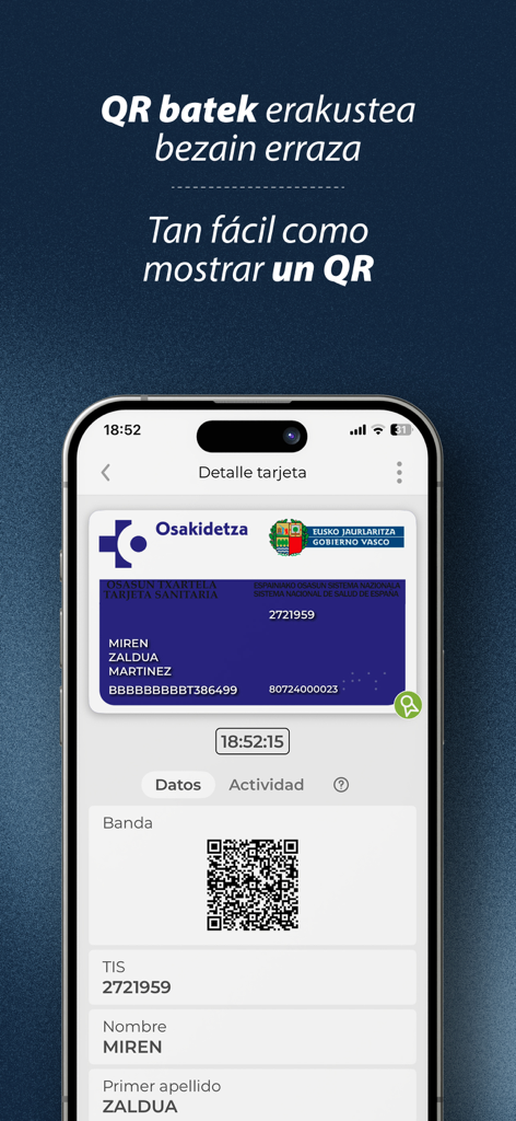 NIK Patrika Digitala - Digitale Gesundheitskartenoberfläche, die einen QR-Code für den sicheren Datenaustausch in der NIK Patrika Digitala App anzeigt.