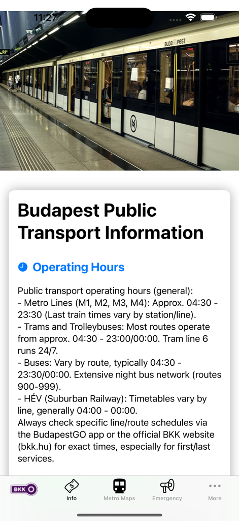 Captura de pantalla de la aplicación Budapest Subway Map que muestra los horarios de operación del transporte público para líneas de metro, tranvías y autobuses.