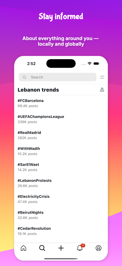UpScrolled mobile app interface showing a list of regional trending hashtags and topics