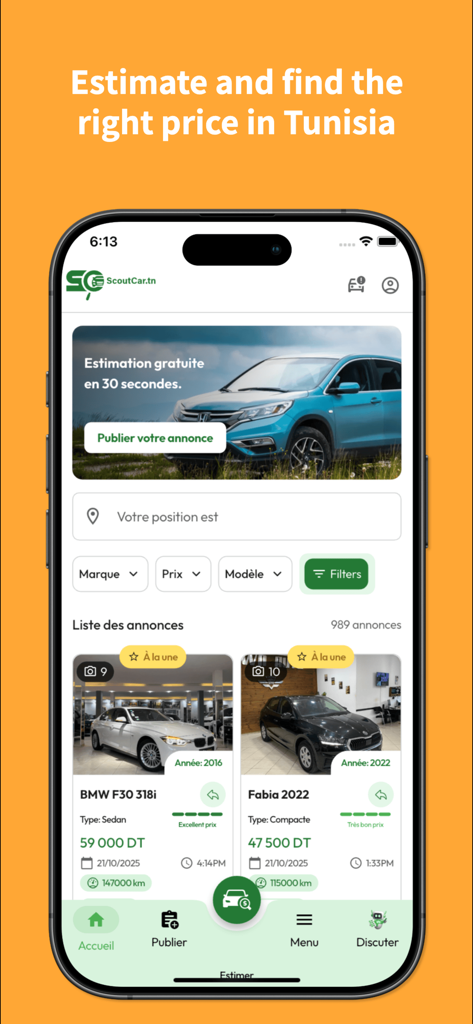 scout car - Scout Car mobile app home screen showing vehicle listings and car valuation features