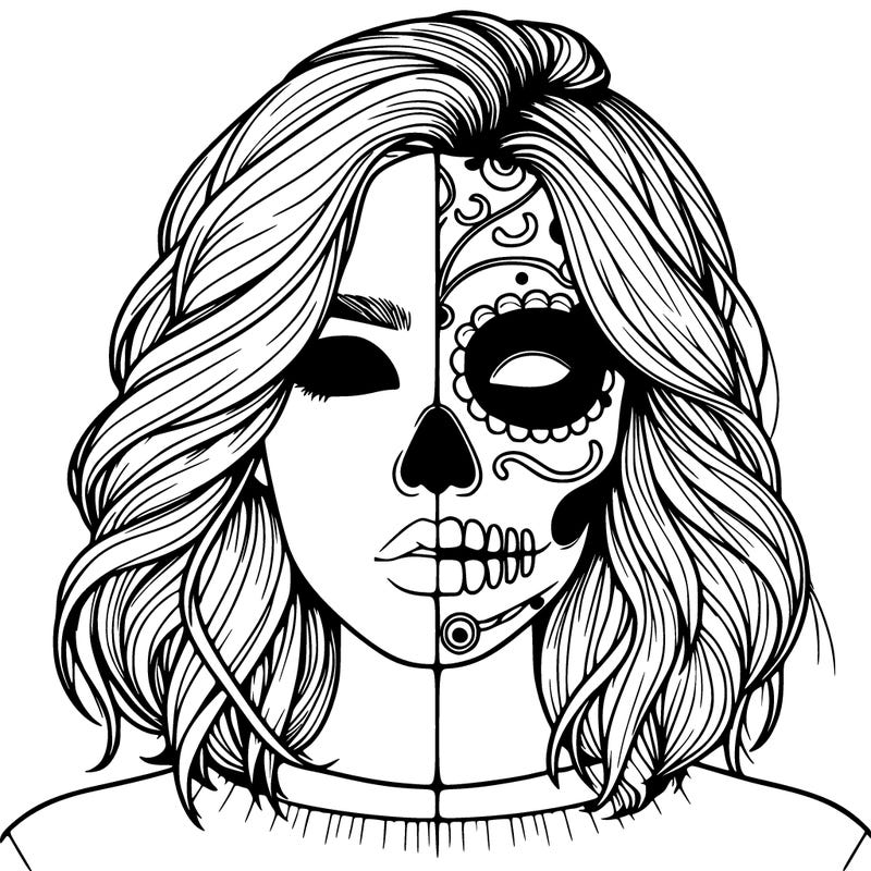 realistic girl with half a mexican skull mask