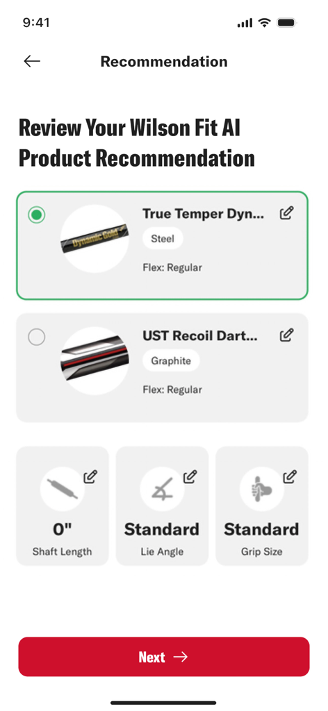 Wilson Fit AI app interface showing customized golf club recommendations for shafts and fitting specifications