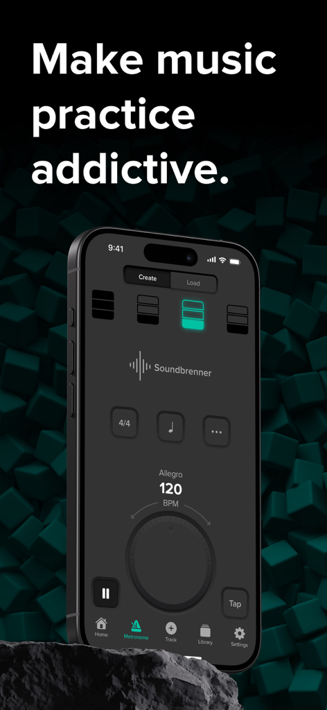 The Metronome by Soundbrenner app interface on an iPhone displaying tempo controls and a dark minimalist design