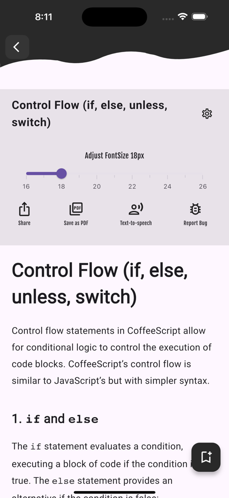 Learn CoffeeScript - Learn CoffeeScript app screen showing a tutorial on control flow with options for font adjustment and saving as PDF.