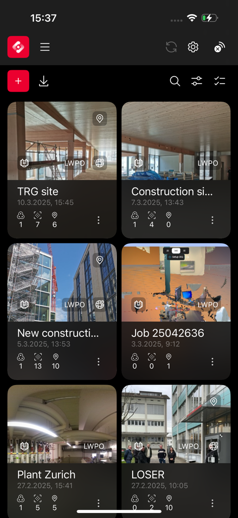 Project dashboard in Leica Cyclone FIELD 360 showing a list of 3D laser scanning projects for construction and industrial sites