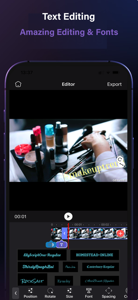 Flipagṙam - Mobile video editor screen showing text editing tools and various font styles for a makeup vlog